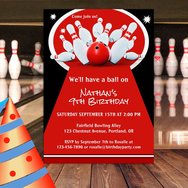 Bowling Birthday Party Invitation (A birthday party invitation featuring a bowling scene in a minimalist sportive red, black and white )