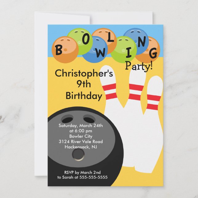 Bowling Birthday Party Invitation Retro (Front)