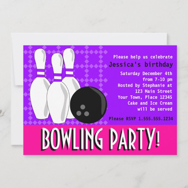 Bowling Birthday Party Invite - Pink and Purple (Front)