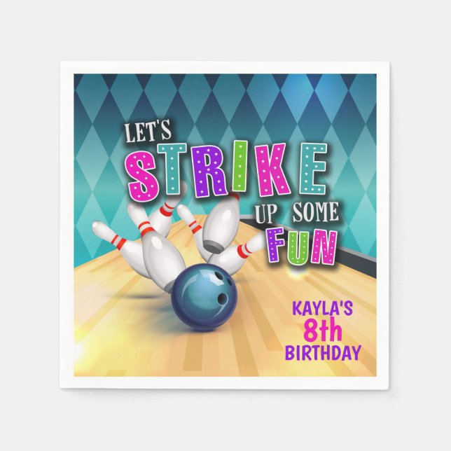 Bowling Birthday Party Napkin - Girl (Front)
