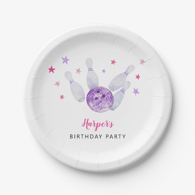 Bowling Birthday Party Pink & Purple Paper Plate (Front)