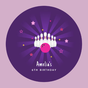 Bowling Birthday Party Pink Purple Stars Favour Classic Round Sticker