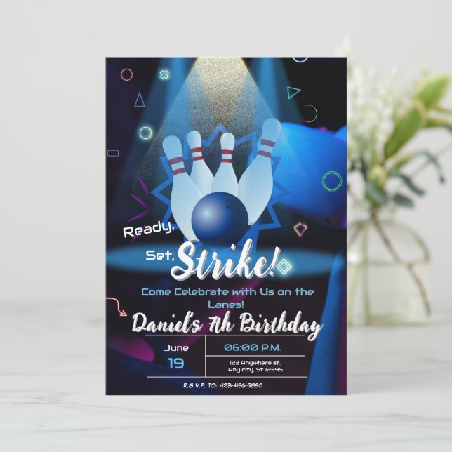 Bowling Birthday Party Retro Neon  Invitation (Standing Front)
