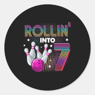 Bowling Birthday Party Rollin Into 7 7th Birthday Classic Round Sticker