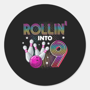 Bowling Birthday Party Rollin Into 9 9th Birthday Classic Round Sticker
