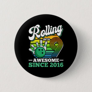 Bowling Birthday Party Rolling Into 9 Years Boy 9t 6 Cm Round Badge