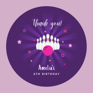 Bowling Birthday Pink Purple Stars Thank you Favou Classic Round Sticker