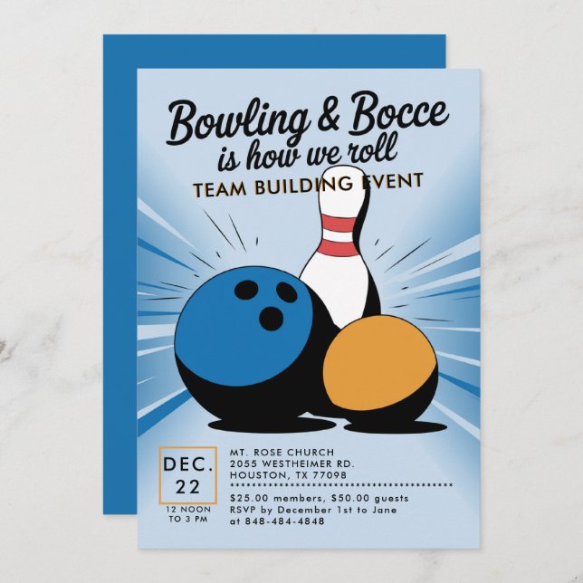 Bowling Bocce Team Building Church Business Blue Invitation (Front/Back)