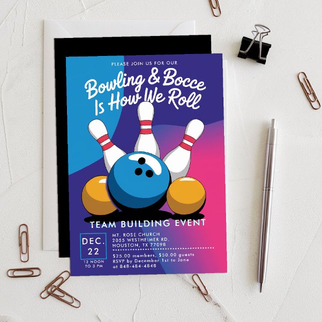 Bowling Bocce Team Building Church Business Bright Invitation (bowling bocce invitation sports themed company team building church event gathering modern bright)