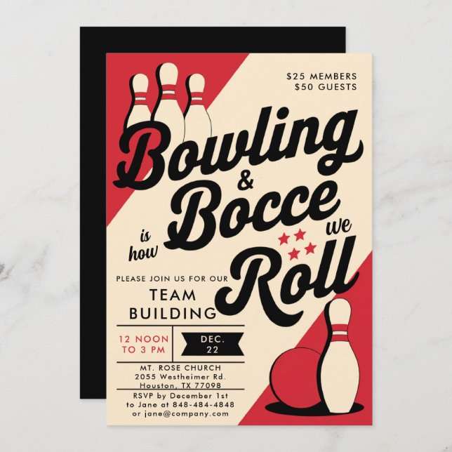 Bowling Bocce Team Community Church Business Red Invitation (Front/Back)