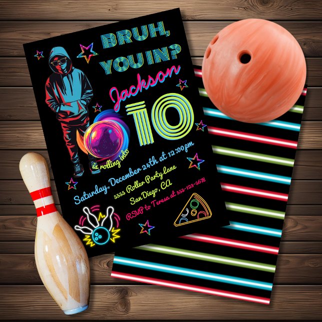 Bowling Bruh Neon Bowling Birthday Invitation (Creator Uploaded)