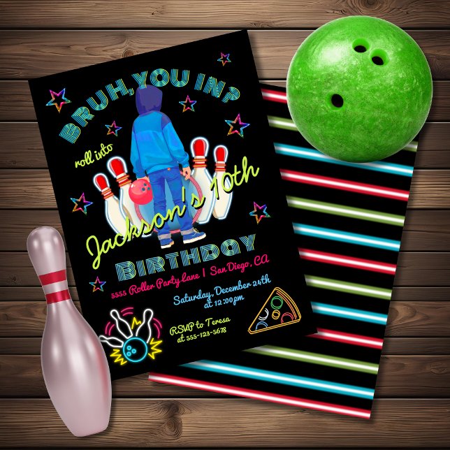 Bowling Bruh Neon Roller Skating Birthday Invitation (Creator Uploaded)
