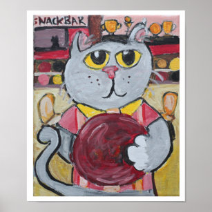 Bowling Cat Folk Art Poster