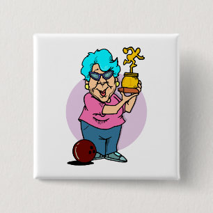 bowling champ granny cartoon 15 cm square badge