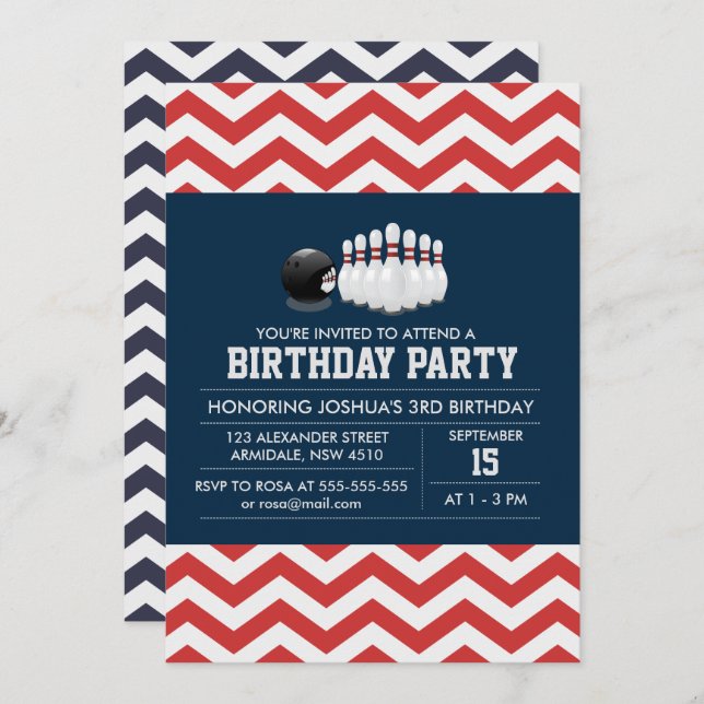 Bowling chevron sport birthday boy invitation (Front/Back)