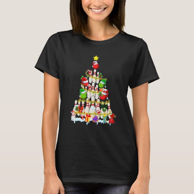 Bowling Christmas Tree  Bowling Player Xmas Light  T-Shirt (Front)