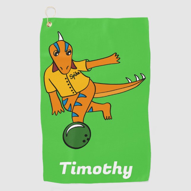 Bowling Dinosaur Cartoon Personalised Bowlers Golf Towel (Front)