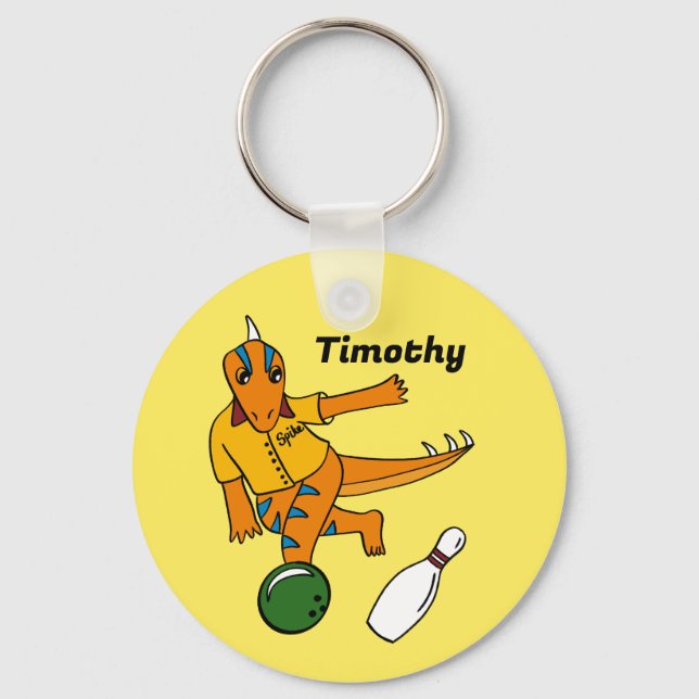 Bowling Dinosaur Cartoon Personalised Bowlers Key Ring (Front)