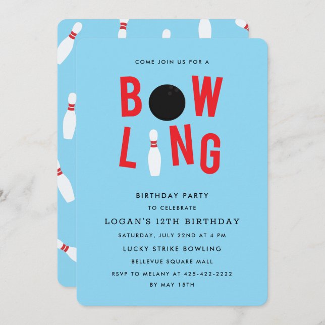 Bowling Fun Kid's birthday party Invitation_blue Invitation (Front/Back)