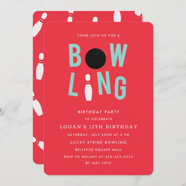 Bowling Fun Kid's birthday party Invitation_Red Invitation (Front/Back)