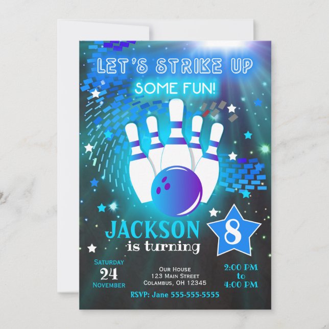 Bowling Invitation Glow Neon Boy Bowling Birthday (Front)