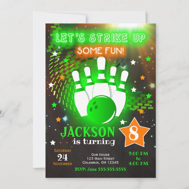 Bowling Invitation Glow Neon Boy Bowling Birthday (Front)