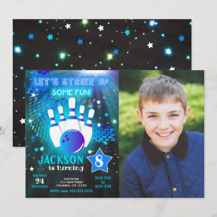 Bowling Invitation Glow Neon Boy Photo Birthday