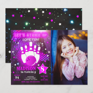 Bowling Invitation Glow Neon Girl Photo Birthday