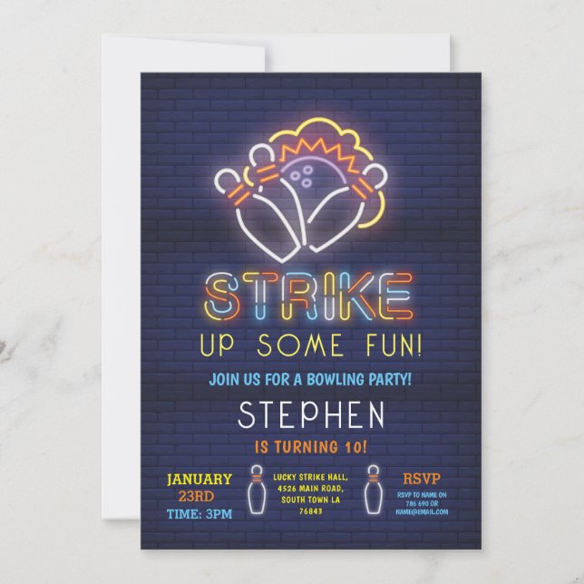 Bowling Invite Birthday Party Neon Lucky Strike (Front)