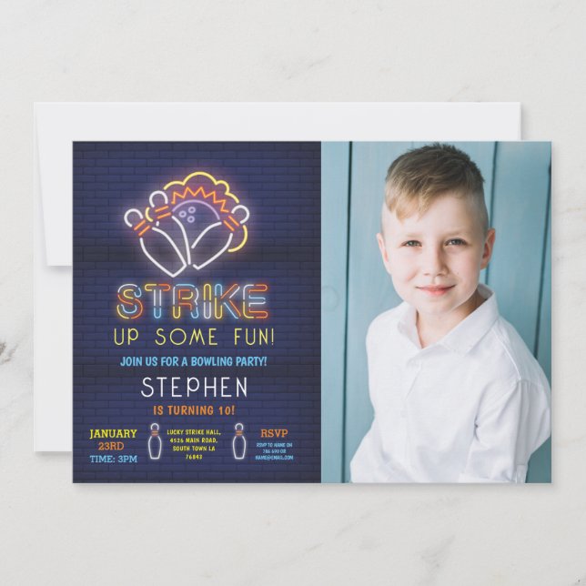 Bowling Invite Birthday Party Neon Photo Strike (Front)