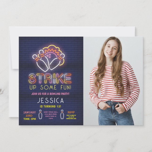 Bowling Invite Birthday Party Neon Photo Strike (Front)