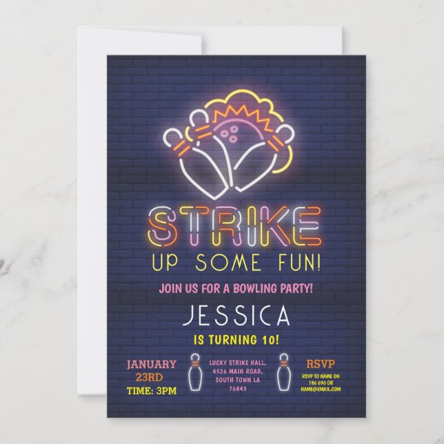 Bowling Invite Birthday Party Neon Pink Strike (Front)