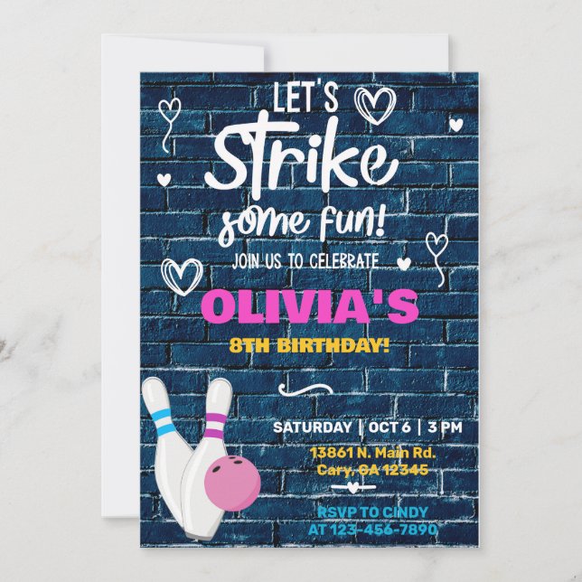Bowling, let's strike some fun birthday invite. invitation (Front)
