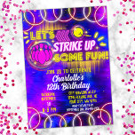 Bowling Let's Strike Up Fun Neon Glow Birthday Invitation<br><div class="desc">"Let's Strike up Some Fun" Neon Glow Girl's bowling Birthday party design with vivid neon glow lights in pink,  purple,  and yellow.</div>