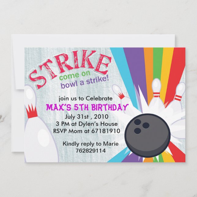 Bowling lucky rainbow strike birthday party invite (Front)