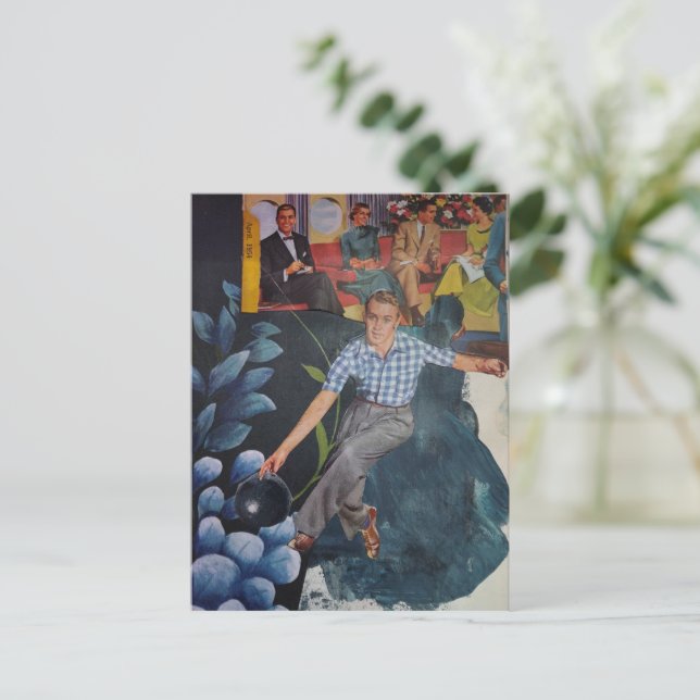 Bowling Man Retro Mixed Media Collage Postcard (Standing Front)