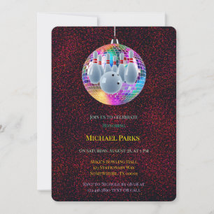 Bowling Neon Disco Ball Glitter Birthday Party Invitation