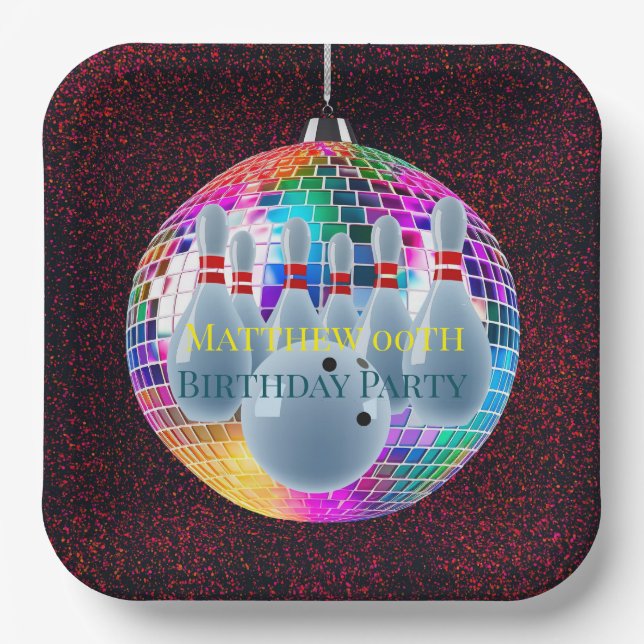 Bowling Neon Disco Ball Glitter Birthday Party Paper Plate (Front)