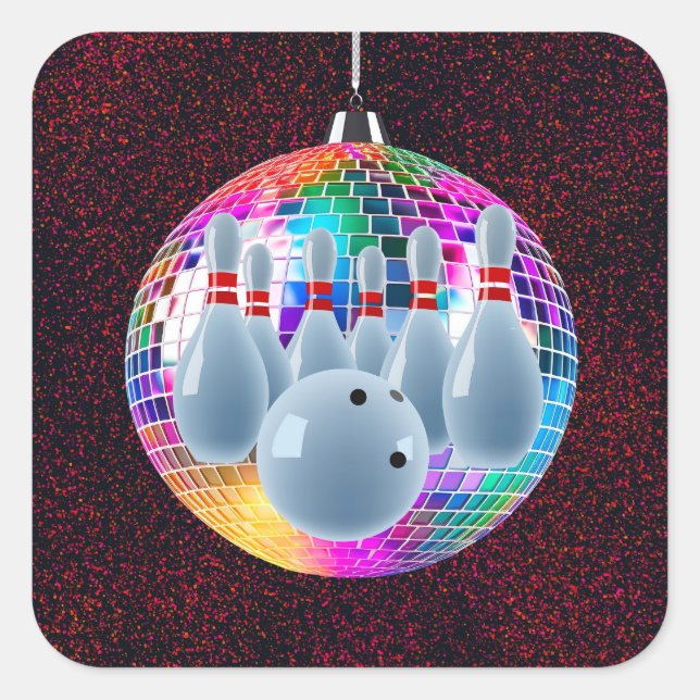 Bowling Neon Disco Ball Glitter Birthday Party Square Sticker (Front)