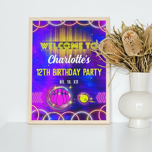 Bowling Neon Glow Purple Birthday Party Welcome Poster (Creator Uploaded)