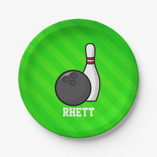 Bowling; Neon Green Stripes Paper Plate (Front)