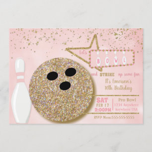 Bowling party, Birthday pink glitter look 10th Invitation