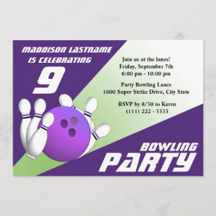 Bowling Party Birthday Purple and Green Invitation