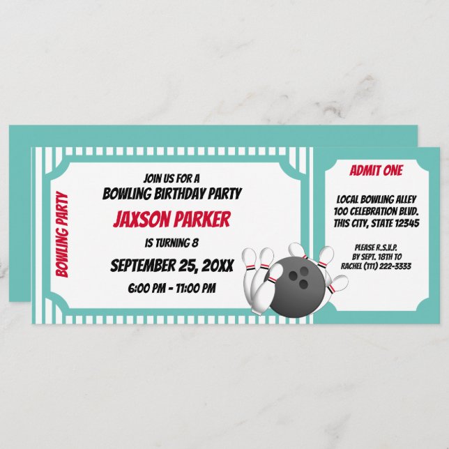 Bowling Party Birthday Ticket Invitation (Front/Back)