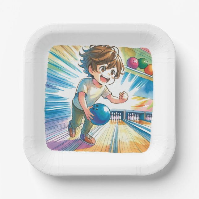 Bowling Party Boy's Anime Birthday   Paper Plate (Front)