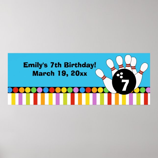 Bowling Party Dots & Stripes Retro Birthday Banner Poster (Front)