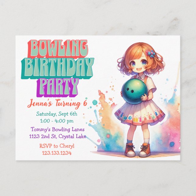 Bowling Party Girl's Anime Birthday Invite (Front)