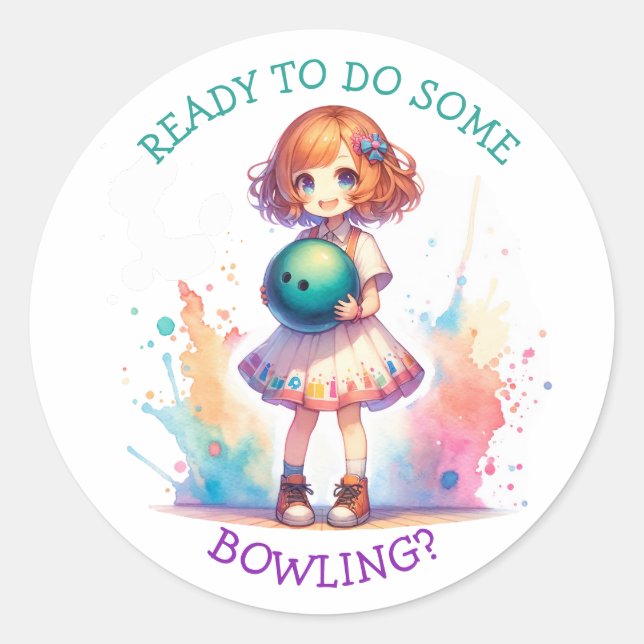 Bowling Party Girl's Anime Birthday Invite Classic Round Sticker (Front)