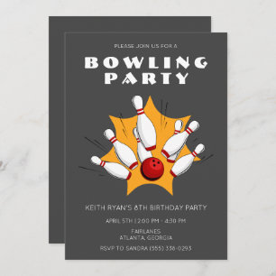 Bowling Party Grey Boys Birthday Party Invitation
