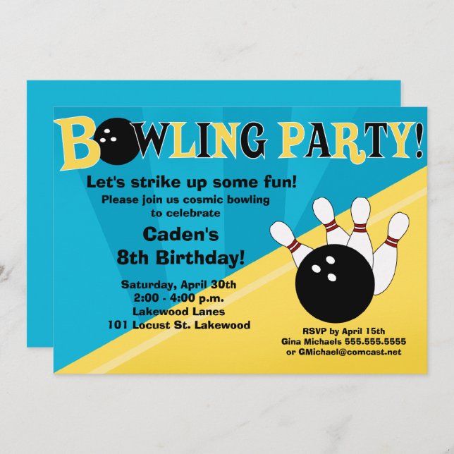 Bowling Party Invitation - Blue and Yellow (Front/Back)
